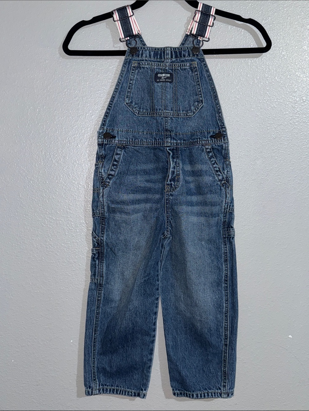 Vintage OshKosh Bgosh Denim Overalls with blue and red Accent Straps